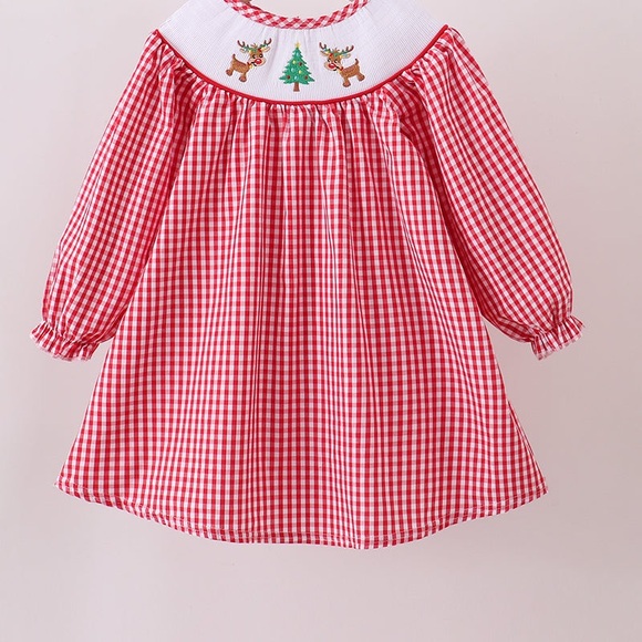 Other - Red Gingham Smocked Dress with Reindeer Embroidery